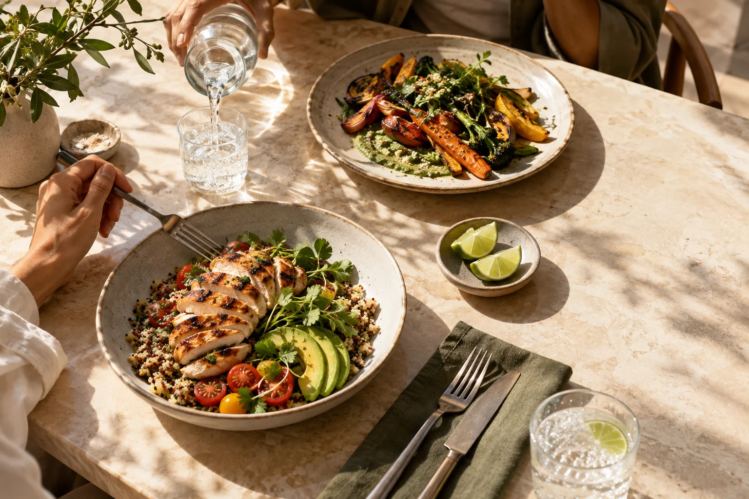 Un almuerzo compartido, con platos frescos y luz natural